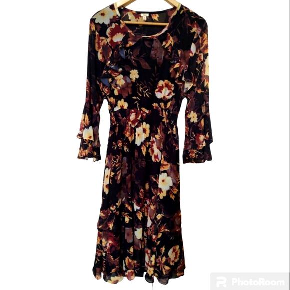 Reba floral chiffon ruffle maxi dress dark colors size M - Picture 1 of 8